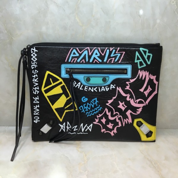 Balenciaga Graffiti Bazaar Leather Clutch Black BGCL-003 